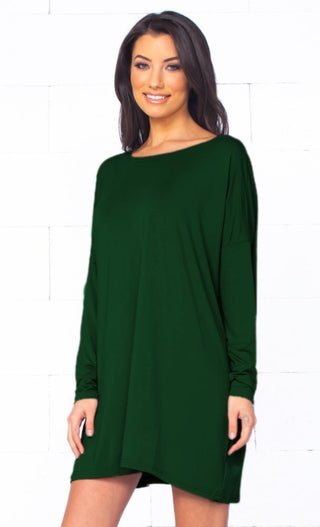 Piko 1988 Forest Green Long Sleeve Scoop Neck Piko Bamboo Oversized Basic Tunic Tee Shirt Mini Dress - Limited Edition