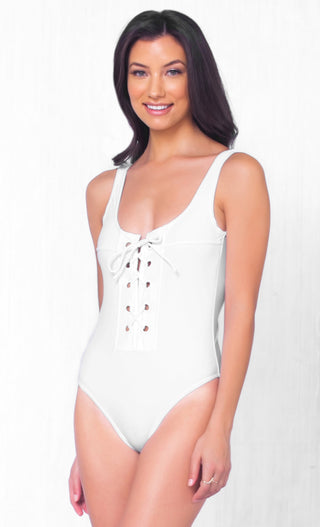 Indie XO Rebel Yell <br><span> White Sleeveless Crisscross Lace Up One Piece Cut Out Swimsuit - Just Ours! </span>