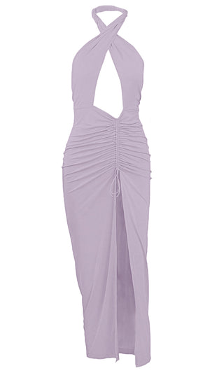 Love Without Hesitation Purple Casual Keyhole Cut Out Cross Twist Halter Neck Sleeveless Ruched Slit Front Maxi Dress