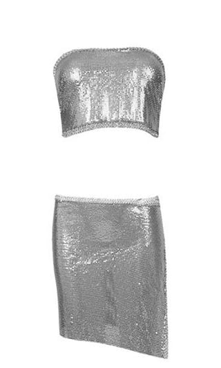 Indie XO Haute Solstice Metal Chainmail Looped Tie Convertible Strapless Halter Bandeau Crop Two Piece Asymmetric Mini Skirt Cover up Two Piece Dress