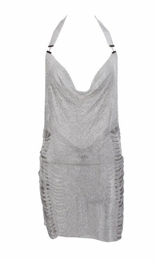 Indie XO Feel It Still Silver Metallic Rhinestone Shredded Diamanté Mesh Sleeveless Backless Halter V Neck Side Slit Mini Dress - 2 Colors Available