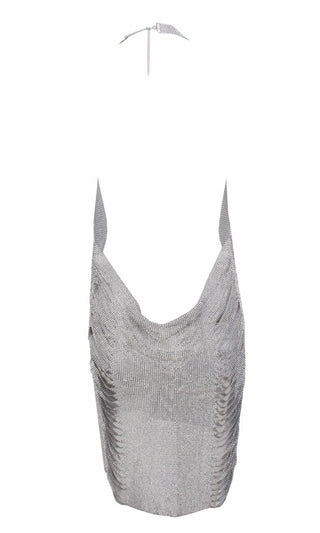 Indie XO Feel It Still Metallic Gold Rhinestone Shredded Diamanté Mesh Sleeveless Backless Halter V Neck Side Slit Mini Dress - 2 Colors Available