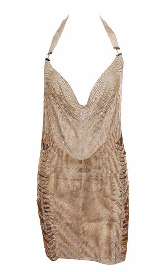 Indie XO Feel It Still Metallic Gold Rhinestone Shredded Diamanté Mesh Sleeveless Backless Halter V Neck Side Slit Mini Dress - 2 Colors Available