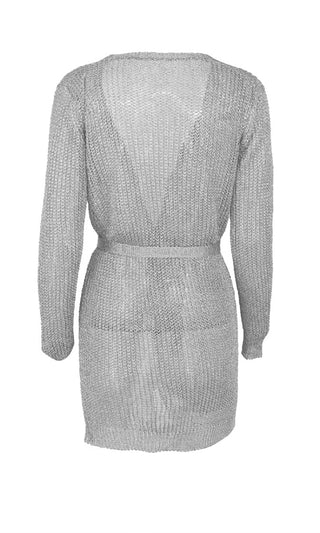 Sultry Shine Silver Metallic Knit Mesh Long Sleeve Cross Wrap Plunge V Neck Wrap Belt Sweater Cardigan Mini Dress