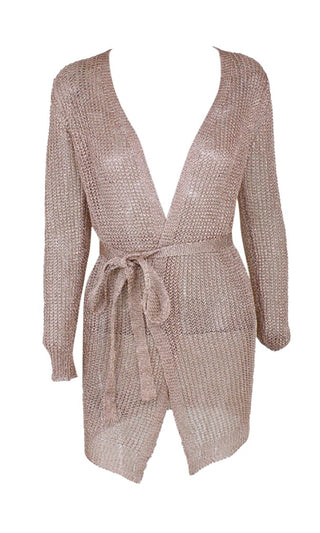 Sultry Shine Silver Metallic Knit Mesh Long Sleeve Cross Wrap Plunge V Neck Wrap Belt Sweater Cardigan Mini Dress