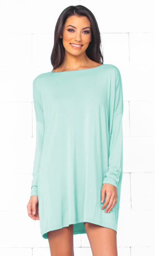Piko 1988 Mint Green Long Sleeve Scoop Neck Piko Bamboo Oversized Basic Tunic Tee Shirt Mini Dress - Sold Out