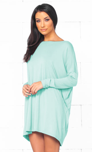 Piko 1988 Mint Green Long Sleeve Scoop Neck Piko Bamboo Oversized Basic Tunic Tee Shirt Mini Dress - Sold Out