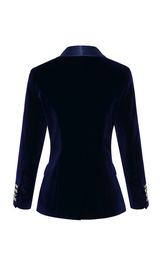 I Got Clout Navy Blue Velvet Tuxedo Satin Long Sleeve V Neck Button Blazer Jacket Outerwear