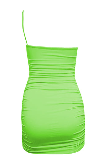 Bright Night Neon Green Sleeveless Spaghetti Strap One Shoulder Ruched Bodycon Mini Dress