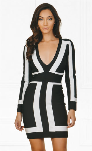 Indie XO Always On Time <br><span>Black White Color Block Bandage Long Sleeve Plunge V Neck Bodycon Mini Dress - As Seen on Amrezy</span>