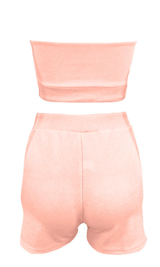 Candy Crush Pink Strapless Drawstring Crop Tube Top Shorts Romper Two Piece Set