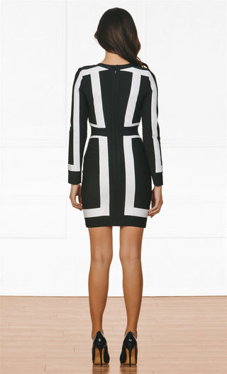 Indie XO Always On Time <br><span>Black White Color Block Bandage Long Sleeve Plunge V Neck Bodycon Mini Dress - As Seen on Amrezy</span>
