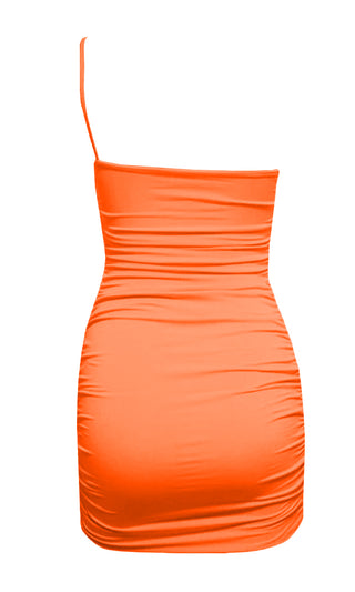 Bright Night Orange Sleeveless Spaghetti Strap One Shoulder Ruched Bodycon Mini Dress