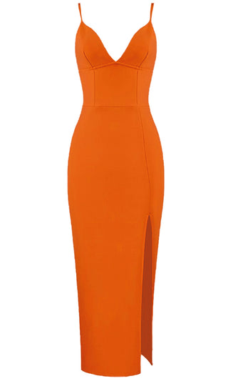 Thinking It Over Orange Sleeveless Spaghetti Strap V Neck Wide Waist High Slit Bodycon Bandage Maxi Dress