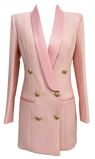 Touch Of Sass <br><span>Rose Pink Satin Lapel Double Breasted Button Long Sleeve Welt Pocket Blazer Mini Dress</span>