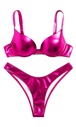 Shining In The Sun , Fuchsia Pink Metallic Spaghetti Strap Push Up Bra Top  Low Rise Bikini Two Piece Swimsuit
