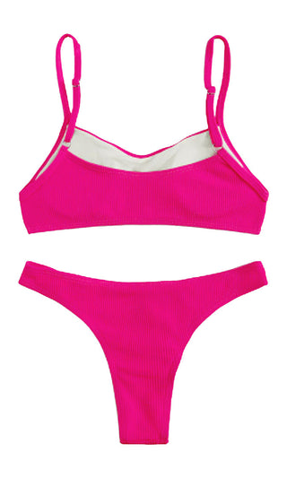 Faster Than Fire <br><span>  Fuchsia Pink Ribbed Spaghetti Strap Scoop Neck Crop Top Brazilian Two Piece Bikini Swimsuit</span>