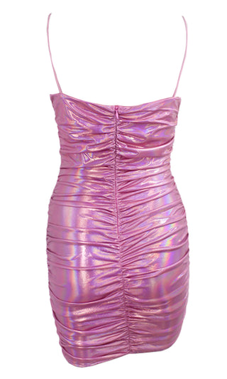 Ask Me To Dance <br><span>Pink Metallic Sleeveless Spaghetti Strap Square Neck Ruched Bodycon Mini Dress</span>