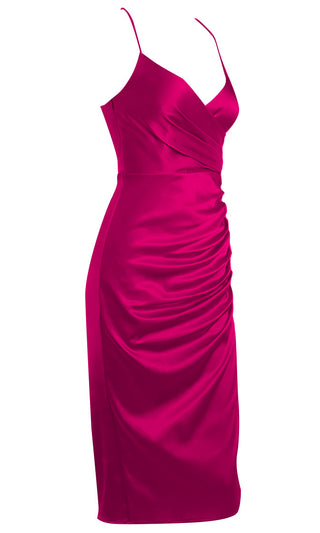 Best Bet Fuchsia Pink Satin Sleeveless Spaghetti Strap Cross Wrap V Neck Side Slit Ruched Slip Midi Dress