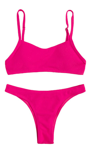 Faster Than Fire <br><span>  Fuchsia Pink Ribbed Spaghetti Strap Scoop Neck Crop Top Brazilian Two Piece Bikini Swimsuit</span>