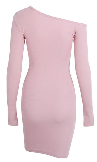 Moving Images Pink Long Sleeve Off The Shoulder Snap Henley Bodycon Mini Dress - 4 Colors Available