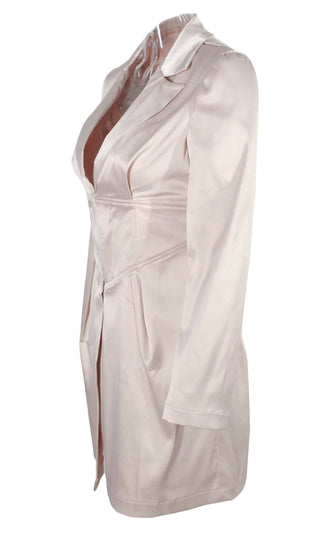 Hooked On You Light Pink Satin Cinched Corset Waist V Neck Long Sleeve Blazer Mini Dress