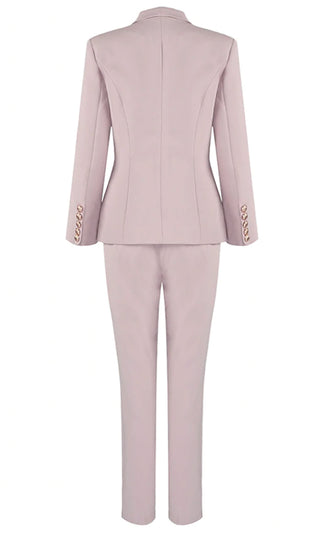 Get The Job Done Pink Double Breasted Gold Button Long Sleeve V Neck Blazer Jacket Skinny Pant Two Piece Jumpsuit Set