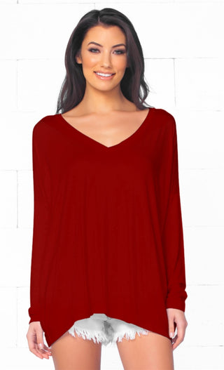 Piko 1988 Cherry Christmas Holiday Bright Red Long Dolman Sleeve V Neck Piko Bamboo Basic Loose Tunic Tee Top - Limited Edition
