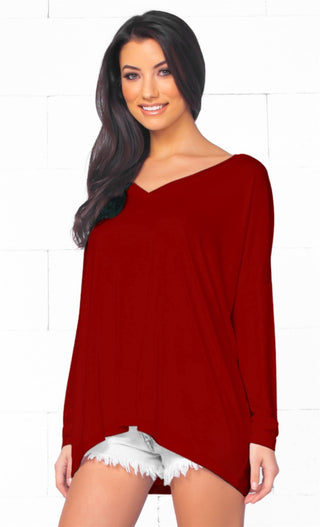 Piko 1988 Cherry Christmas Holiday Bright Red Long Dolman Sleeve V Neck Piko Bamboo Basic Loose Tunic Tee Top - Limited Edition
