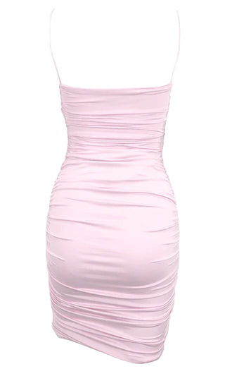 Miami Sound<br><span> Pink Sleeveless Spaghetti Strap Ruched Sweetheart Neck Padded Cup Bodycon Mini Dress</span>