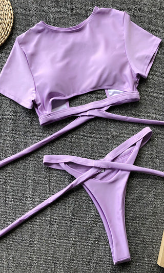 It's My Time <br><span>Purple Two Piece Bandage Short Sleeve Crop Top Cut Out Tie Thong Bikini Swimsuit <span>