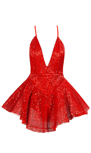 Stealing Attention <bR><span>Red Sequin Ballet Sleeveless Spaghetti Strap Plunge V Neck Romper Playsuit</span>