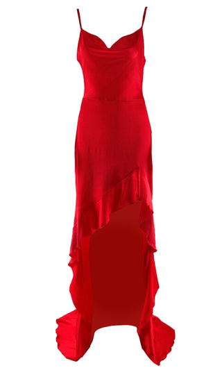 Never Too Late Red Satin Sleeveless Spaghetti Strap Square Neck Ruffle High Low Maxi Dress - 2 Colors Available