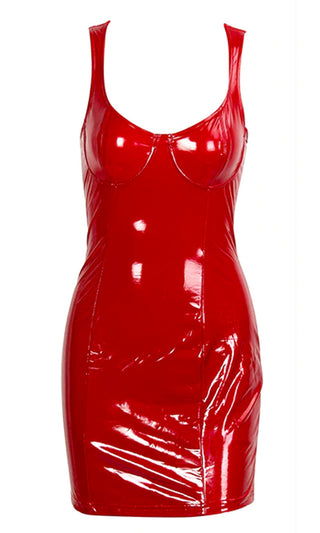 Candy Coated Red PU Patent Faux Leather Vinyl Sleeveless V Neck Stretch Shiny Bodycon Mini Dress