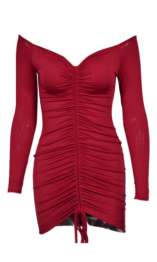Savage Love Wine Burgundy Red Drawstring Long Sleeve V Neck Ruched Bodycon Mini Dress