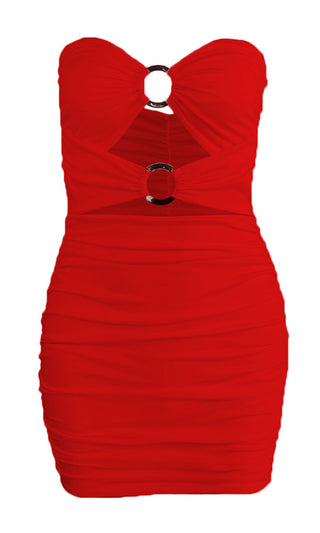 Pushing So Hard Strapless Sweetheart Neck O Ring Cut Out Ruched Bodycon Mini Dress - 4 Colors Available