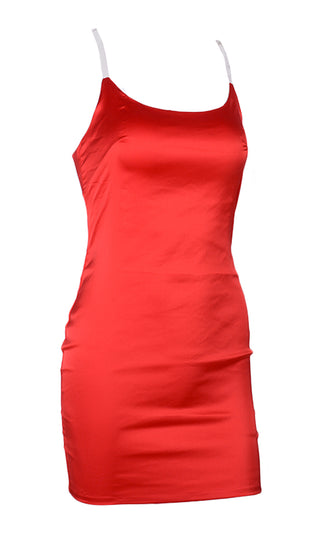 Look My Way Red Clear Spaghetti Strap Faux Silk Satin Sleeveless Bodycon Mini Dress - 3 Colors Available