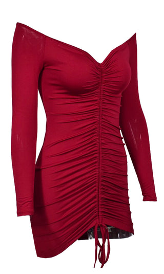 Savage Love Wine Burgundy Red Drawstring Long Sleeve V Neck Ruched Bodycon Mini Dress