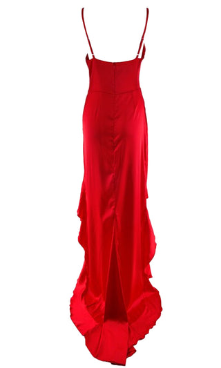 Never Too Late Red Satin Sleeveless Spaghetti Strap Square Neck Ruffle High Low Maxi Dress - 2 Colors Available