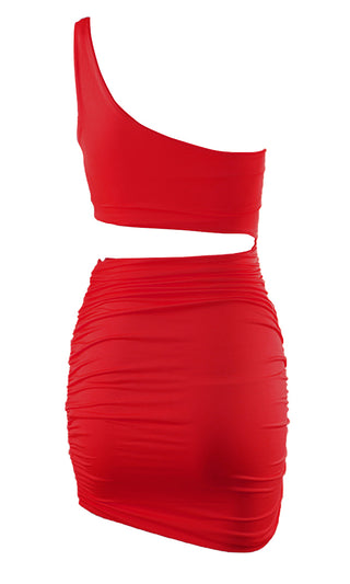 Heating Things Up Red Sleeveless One Shoulder Cut Out Side Ruched Bodycon Mini Dress