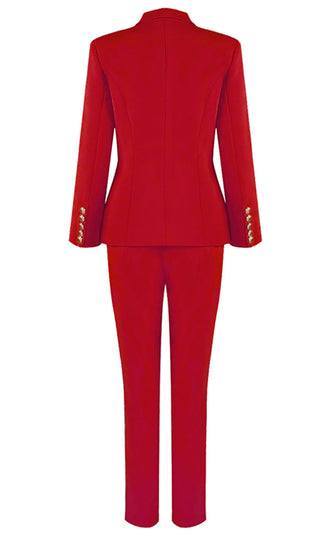 Get The Job Done Red Double Breasted Gold Button Long Sleeve V Neck Blazer Jacket Skinny Pant Two Piece Jumpsuit Set