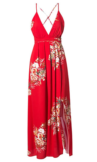 Tropical Mood Red Floral Sleeveless Spaghetti Strap V Neck X Back Slit Casual Maxi Dress
