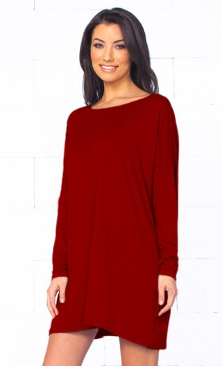 Piko 1988 Christmas Holiday Bright Red Long Sleeve Scoop Neck Piko Bamboo Oversized Basic Tunic Tee Shirt Mini Dress - Limited Edition