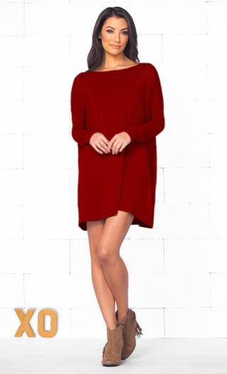 Piko 1988 Christmas Holiday Bright Red Long Sleeve Scoop Neck Piko Bamboo Oversized Basic Tunic Tee Shirt Mini Dress - Limited Edition