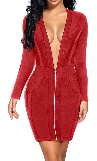 Soldier On Red Long Sleeve Plunge V Neck Zip Front Bodycon Bandage Mini Dress