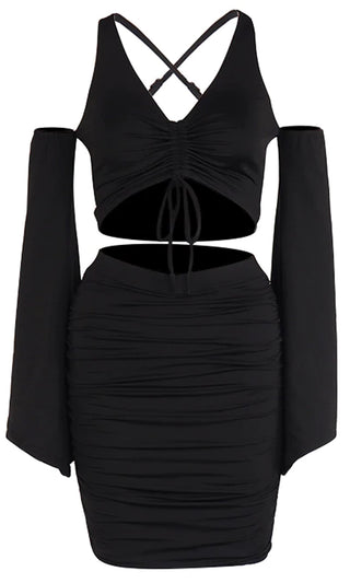 Never Give In Black Long Bell Sleeve V Neck Cut Out Shoulder Crisscross Back Crop Top Ruched Bodycon Two Piece Mini Dress