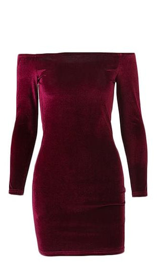 Spotlight On Me <br><span>Burgundy Velvet Long Sleeve Off The Shoulder Bodycon Mini Dress</span>