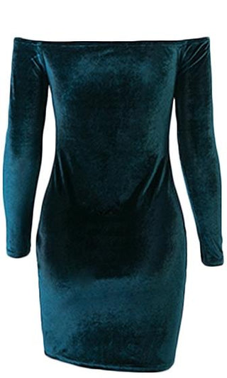 Spotlight On Me <br><span>Green Velvet Long Sleeve Off The Shoulder Bodycon Mini Dress - Sold Out</span>