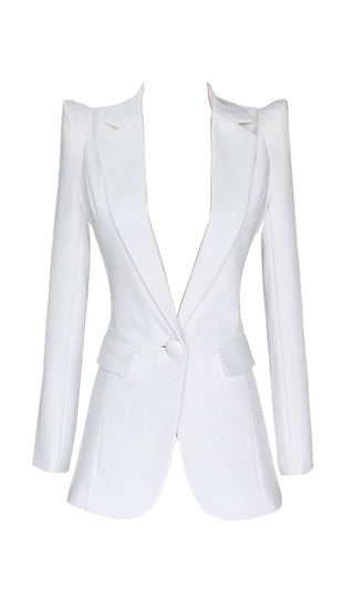 Have What You Want White Long Sleeve Puff Shoulder V Neck Structured Pocket Blazer Jacket Outerwear