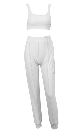 Hardly Working Beige Ribbed Sleeveless Scoop Neck Crop Top Elastic Waist Jogger Pant Two Piece Lounge Jumpsuit Set